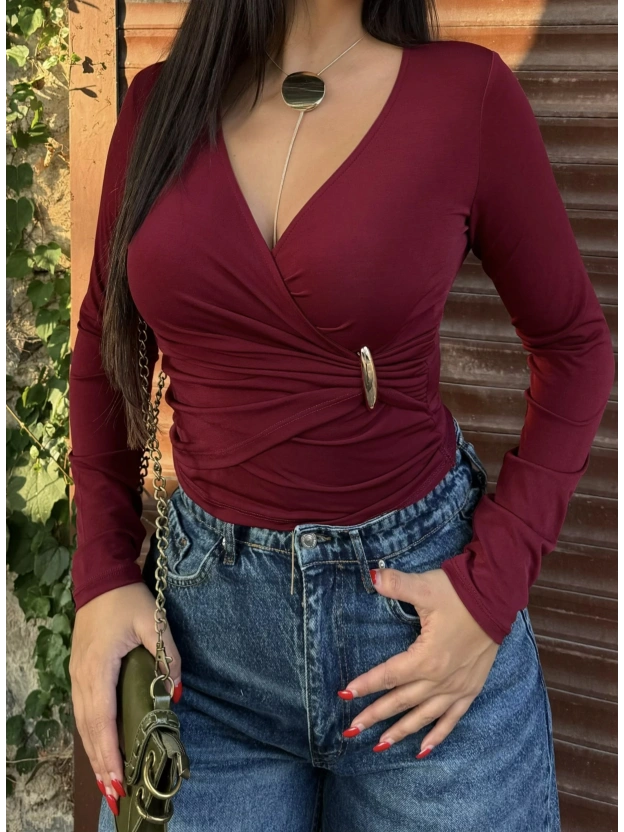 Bordo Kruvaze Yaka Aksesuar Detay Crop