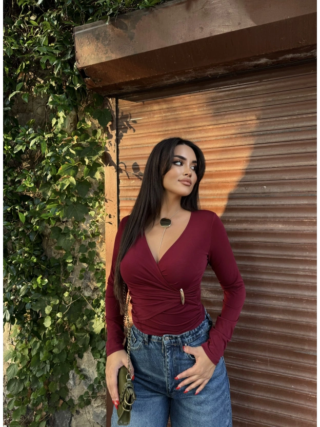 Bordo Kruvaze Yaka Aksesuar Detay Crop