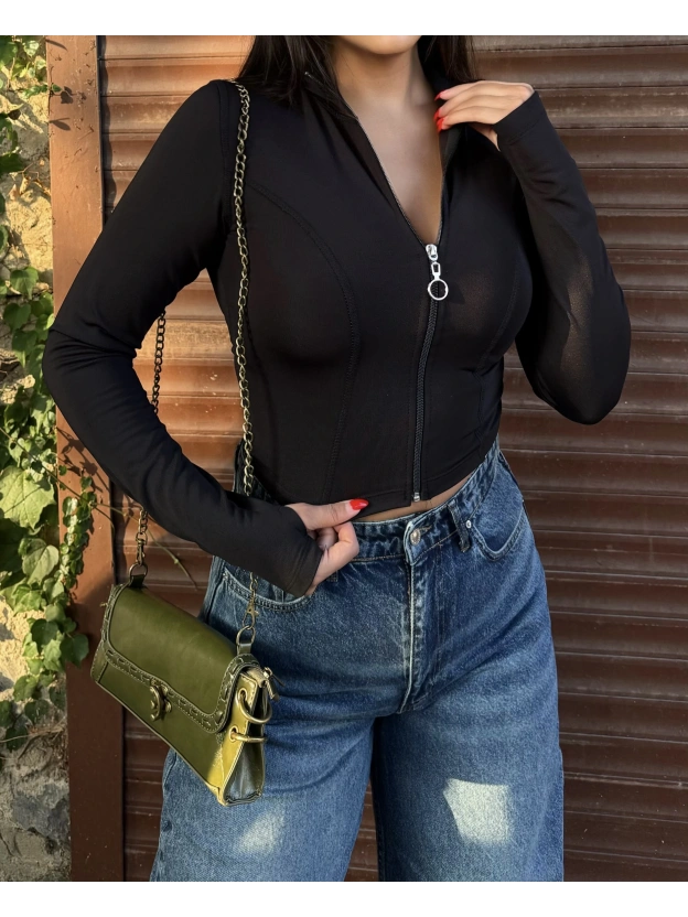 Siyah Slim Fit Fermuarlı Body
