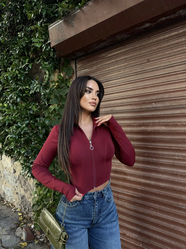 Bordo Slim Fit Fermuarlı Body
