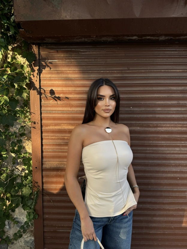 Bej Straplez Yırtmaç Detay Deri Crop