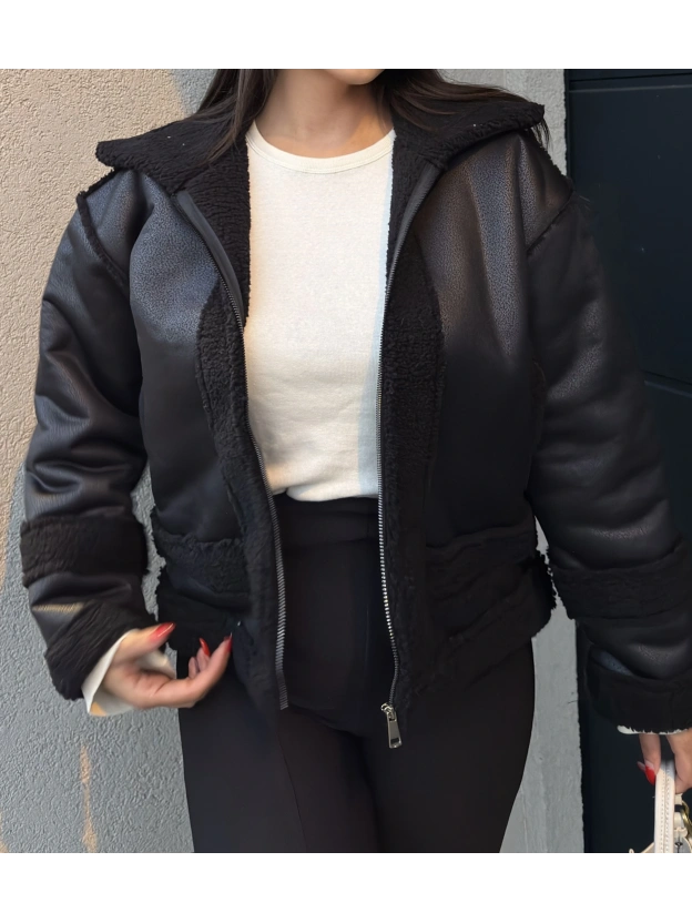 Siyah Oversize Peluş Mont