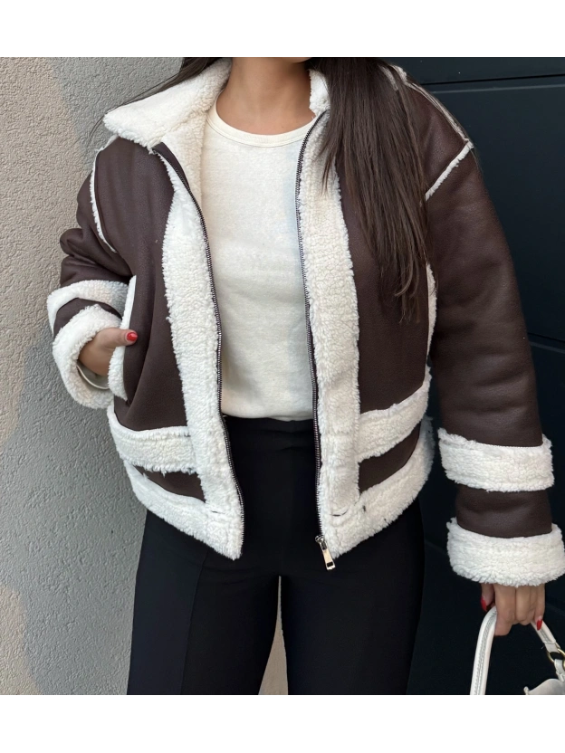 Kahverengi Beyaz Oversize Peluş Mont