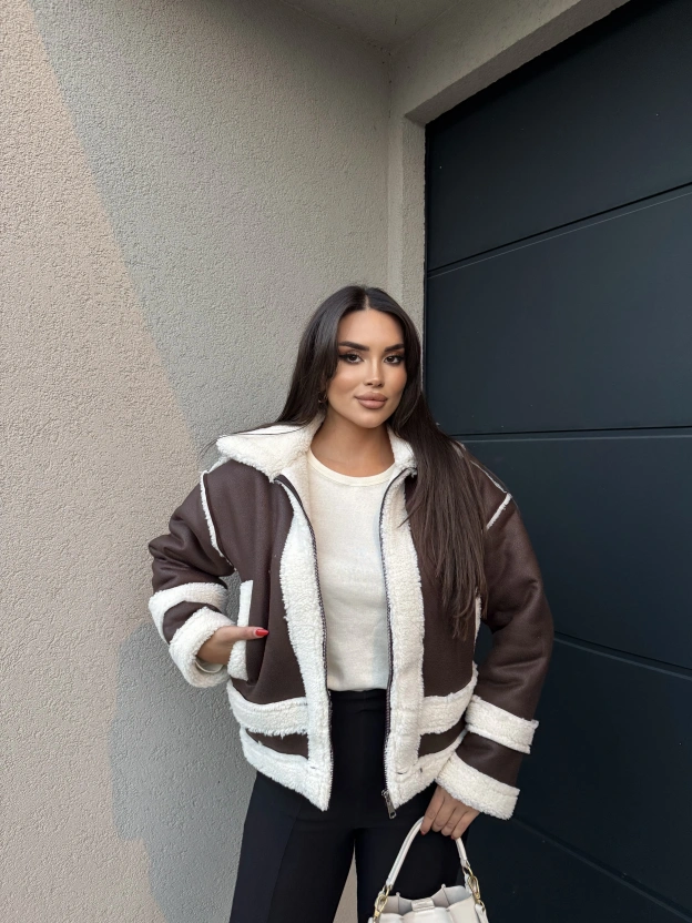 Kahverengi Beyaz Oversize Peluş Mont