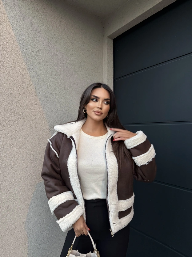 Kahverengi Beyaz Oversize Peluş Mont
