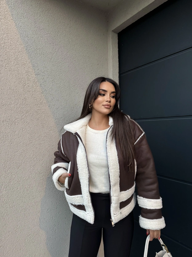 Kahverengi Beyaz Oversize Peluş Mont