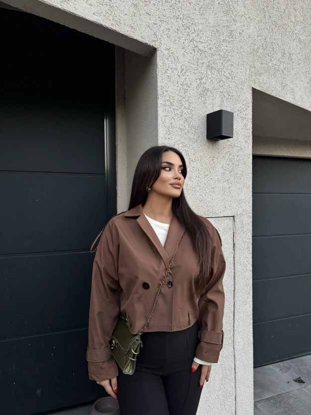 Kahverengi Düğme Detay Kemerli Crop Trençkot