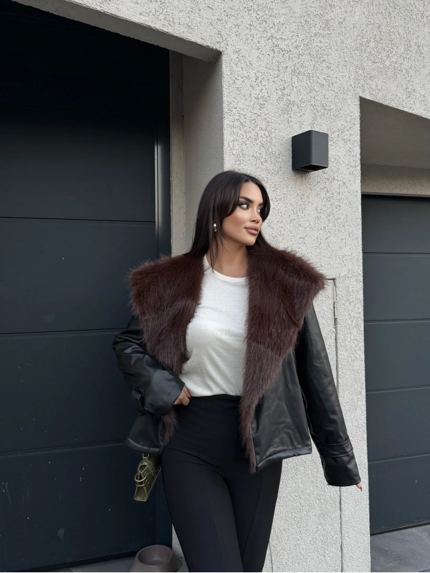 Siyah Kahverengi Kürklü Deri Premium Ceket