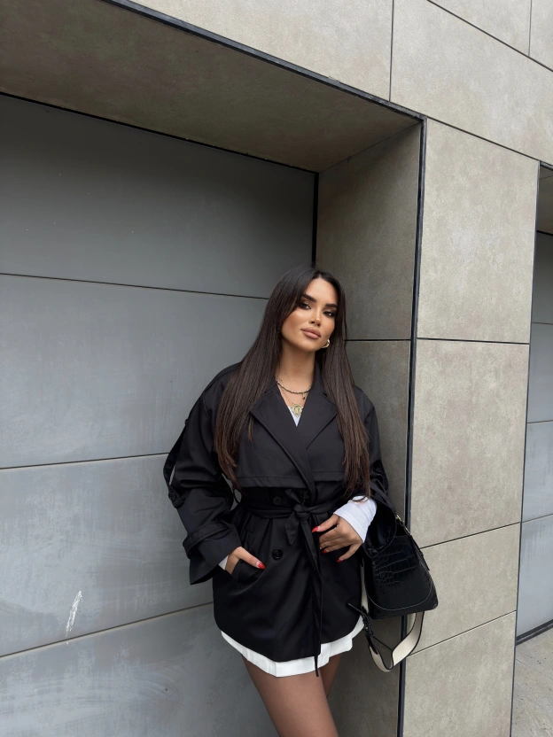 Siyah Midi Boy Tasarım Trençkot