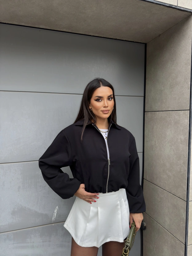 Siyah Crop Fermuarlı Bomber Ceket