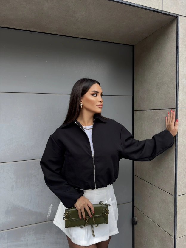 Siyah Crop Fermuarlı Bomber Ceket