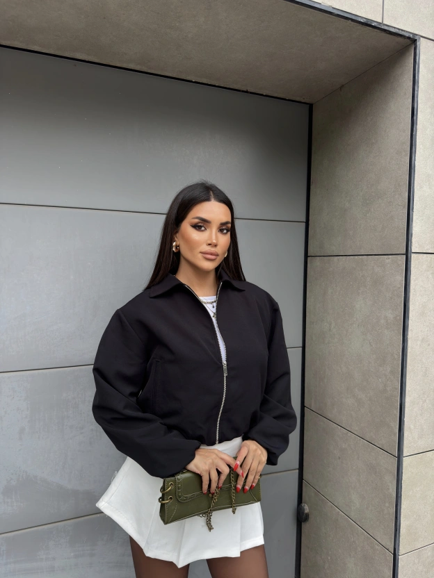 Siyah Crop Fermuarlı Bomber Ceket
