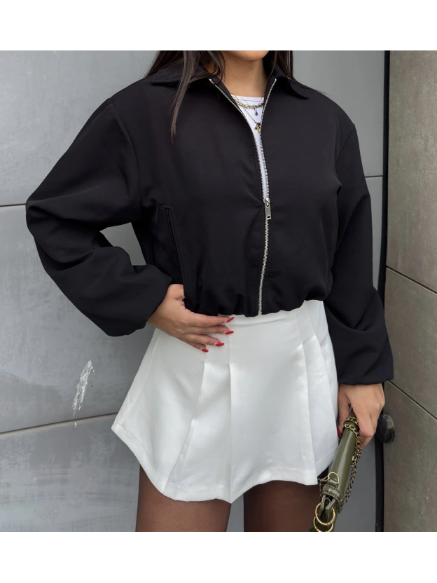 Siyah Crop Fermuarlı Bomber Ceket