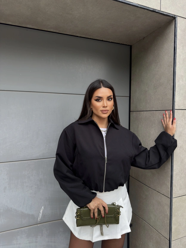 Siyah Crop Fermuarlı Bomber Ceket