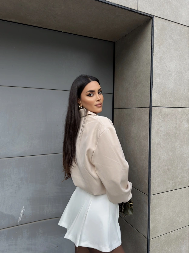 Bej Crop Fermuarlı Bomber Ceket