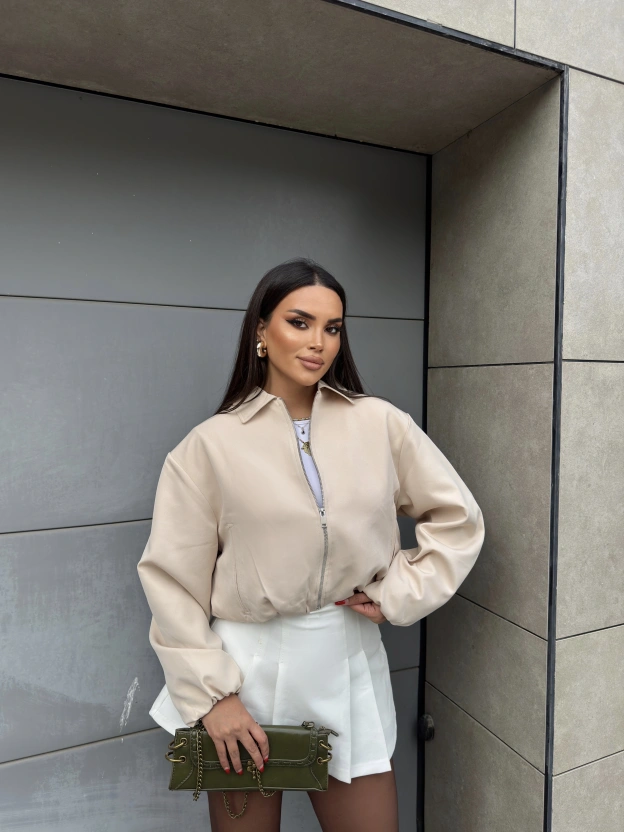 Bej Crop Fermuarlı Bomber Ceket