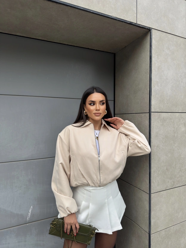 Bej Crop Fermuarlı Bomber Ceket