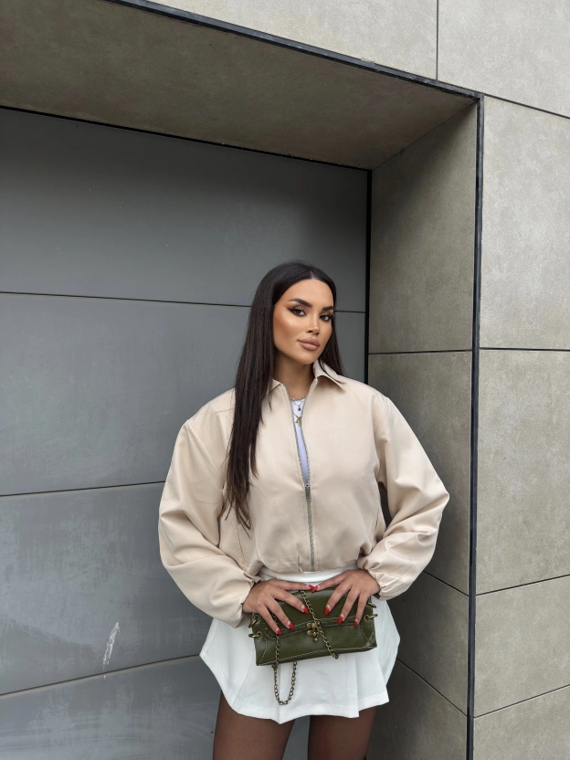 Bej Crop Fermuarlı Bomber Ceket