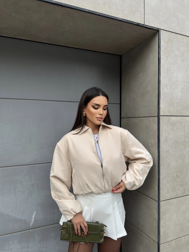 Bej Crop Fermuarlı Bomber Ceket