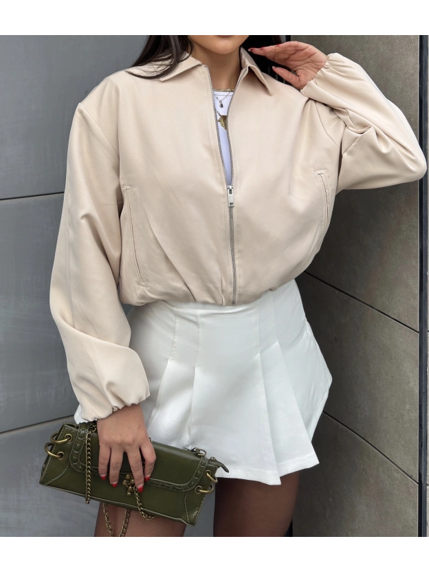Bej Crop Fermuarlı Bomber Ceket