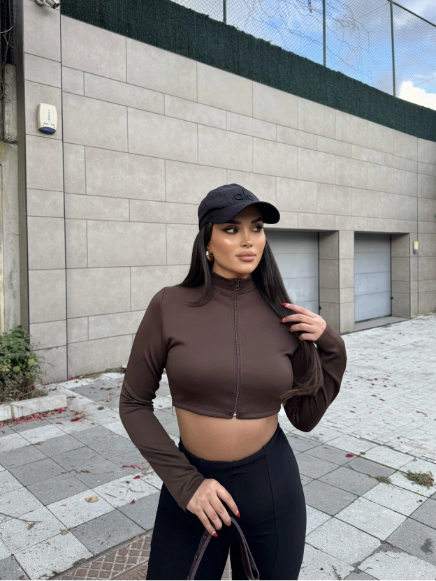 Crop Kahverengi Fermuarlı Hırka