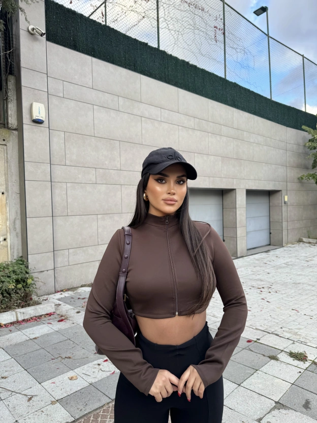 Crop Kahverengi Fermuarlı Hırka