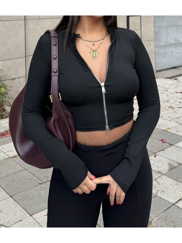 Siyah Çift Fermuarlı Crop Hırka