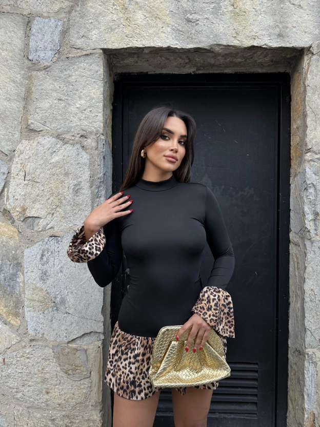 Siyah Leopar Fırfırlı Mini Elbise