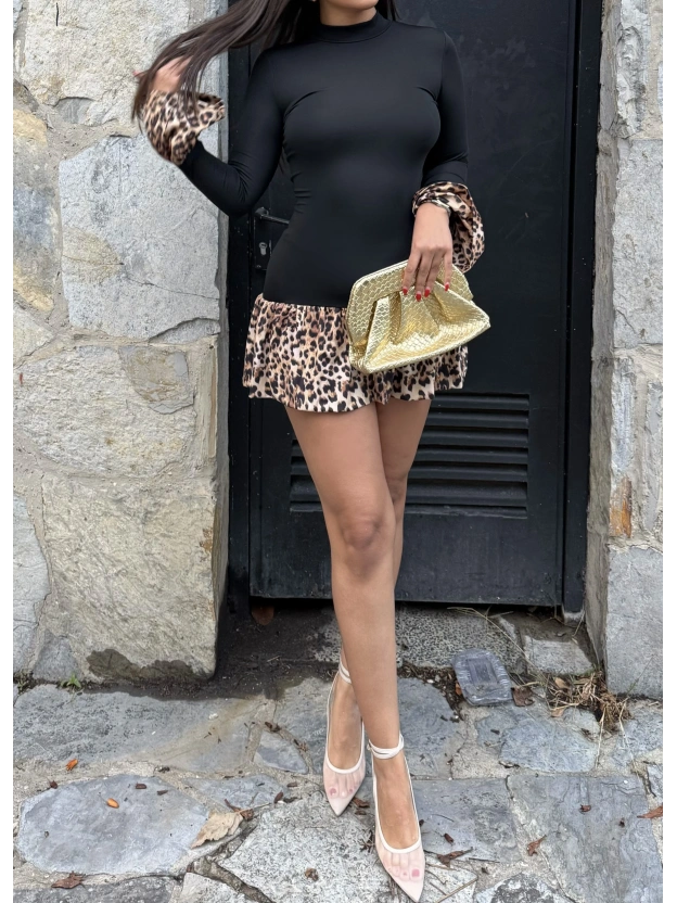 Siyah Leopar Fırfırlı Mini Elbise