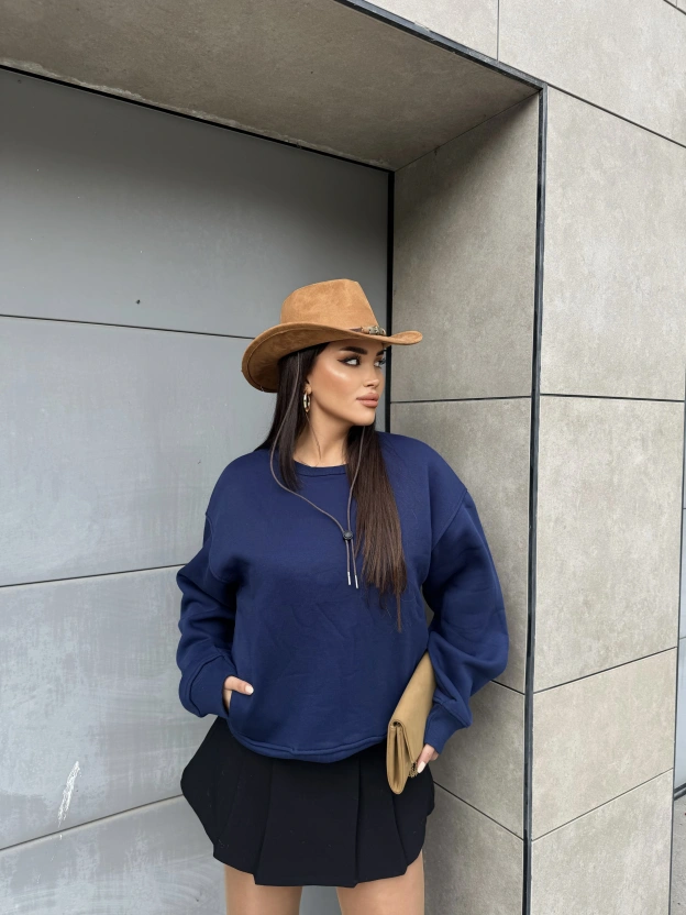 Lacivert Bisiklet Yaka Cepli Sweatshırt