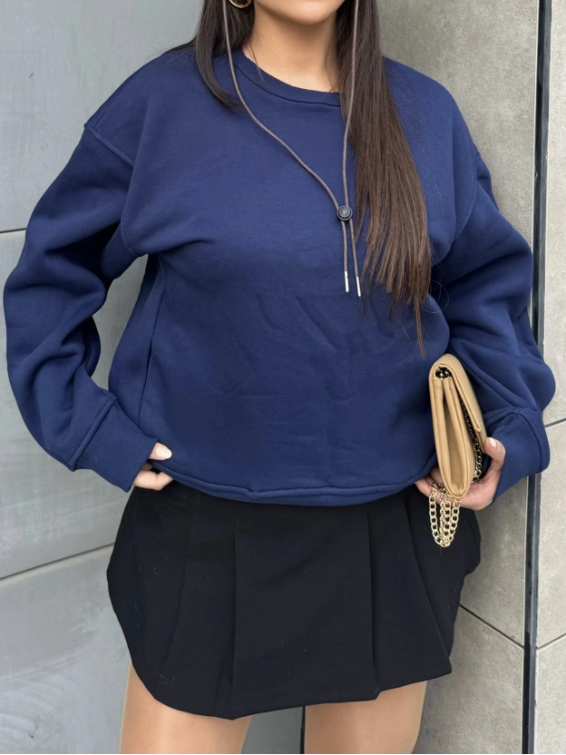 Lacivert Bisiklet Yaka Cepli Sweatshırt