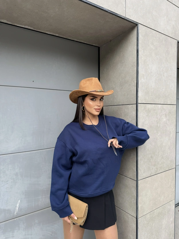 Lacivert Bisiklet Yaka Cepli Sweatshırt