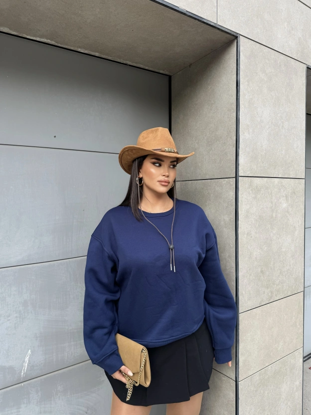 Lacivert Bisiklet Yaka Cepli Sweatshırt