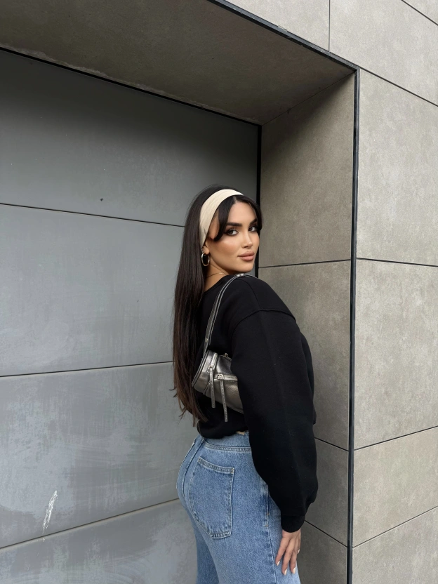 Siyah Kayık Yaka Oversize Sweatshırt