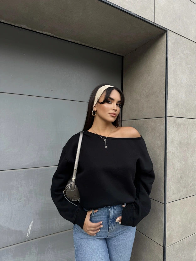 Siyah Kayık Yaka Oversize Sweatshırt