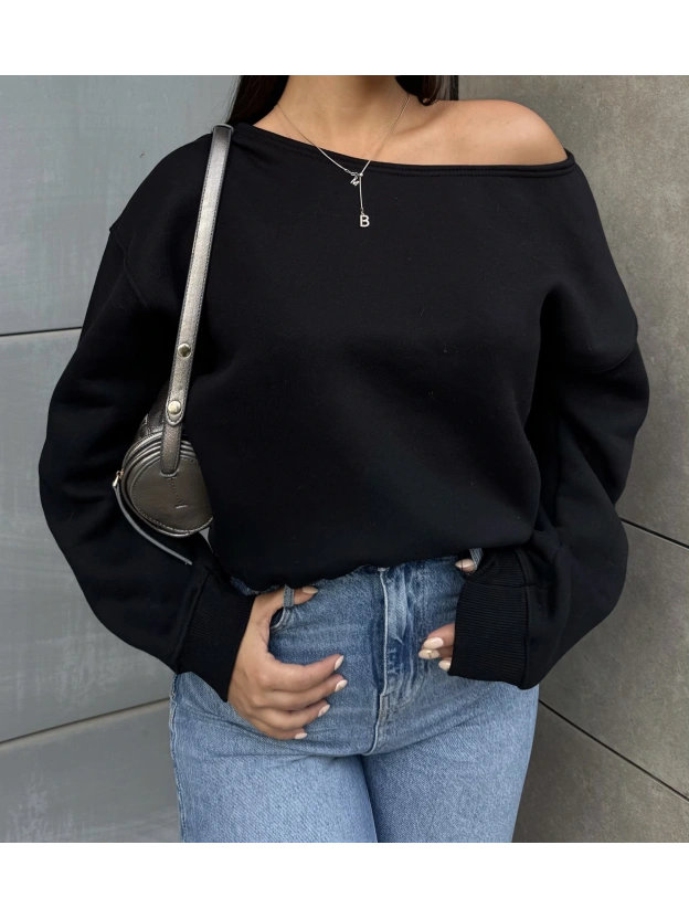 Siyah Kayık Yaka Oversize Sweatshırt