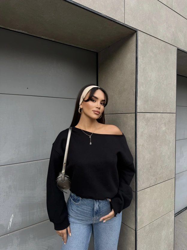 Siyah Kayık Yaka Oversize Sweatshırt