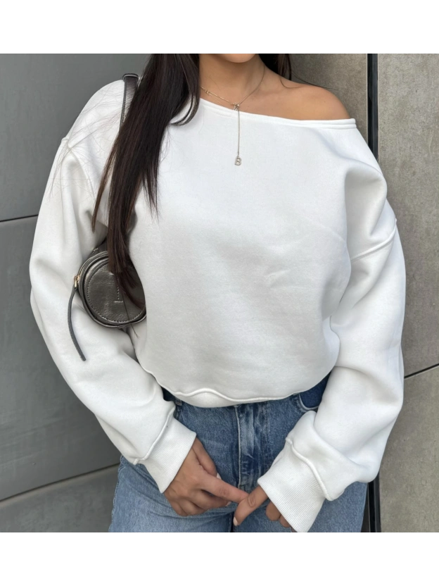 Beyaz Kayık Yaka Oversize Sweatshırt