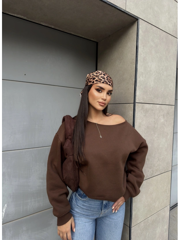 Kahverengi Kayık Yaka Oversize Sweatshirt