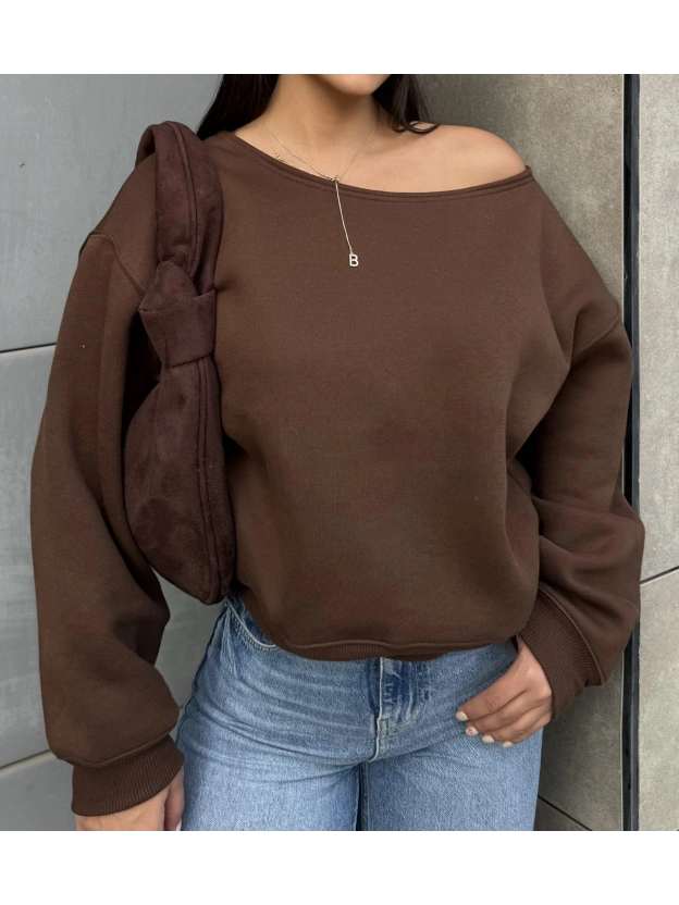 Kahverengi Kayık Yaka Oversize Sweatshirt