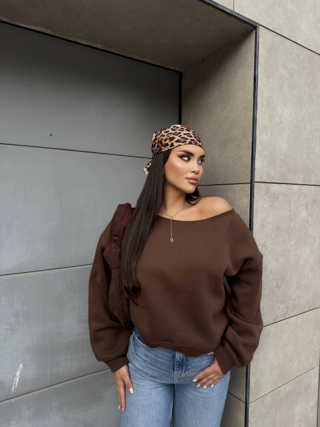 Kahverengi Kayık Yaka Oversize Sweatshirt