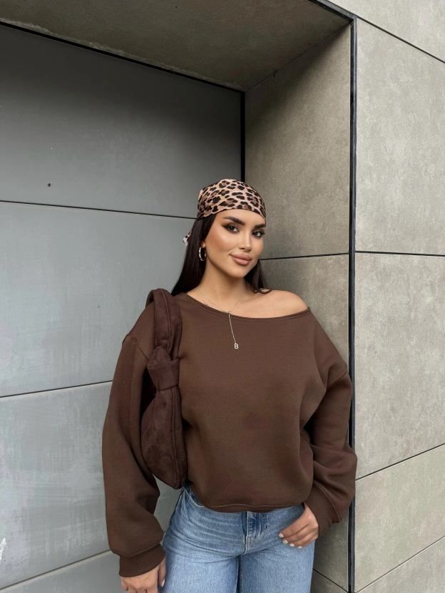 Kahverengi Kayık Yaka Oversize Sweatshirt