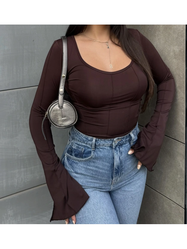 Kahverengi Sırt Bağlama İspanyol Kol Bluz