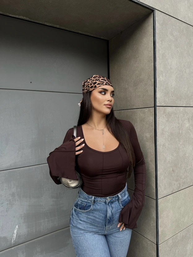 Kahverengi Sırt Bağlama İspanyol Kol Bluz