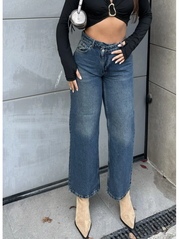 Mavi Tint Asimetrik Düğmeli Pantolon