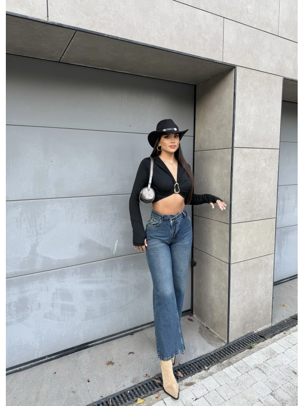 Mavi Tint Asimetrik Düğmeli Pantolon