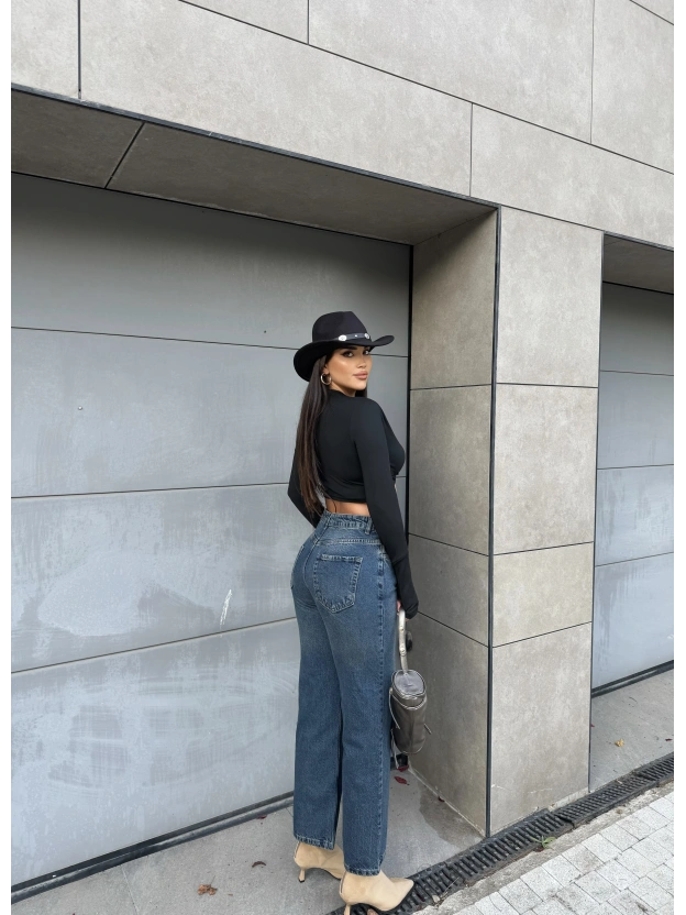 Mavi Tint Asimetrik Düğmeli Pantolon