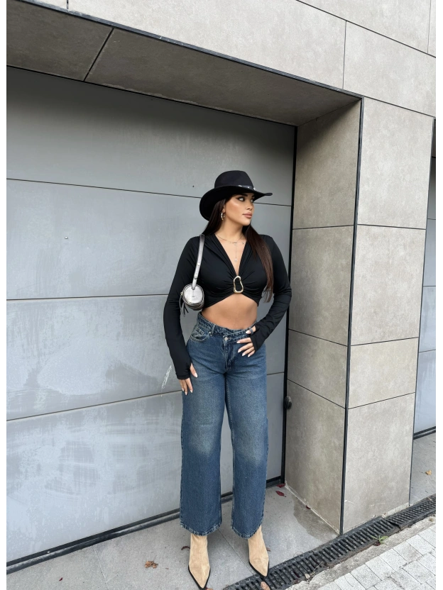 Mavi Tint Asimetrik Düğmeli Pantolon