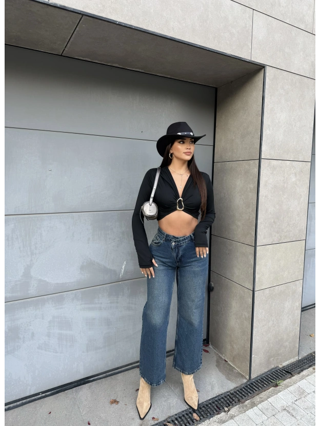 Mavi Tint Asimetrik Düğmeli Pantolon