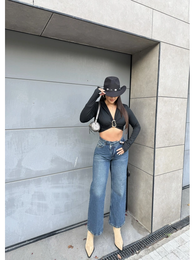 Mavi Tint Asimetrik Düğmeli Pantolon